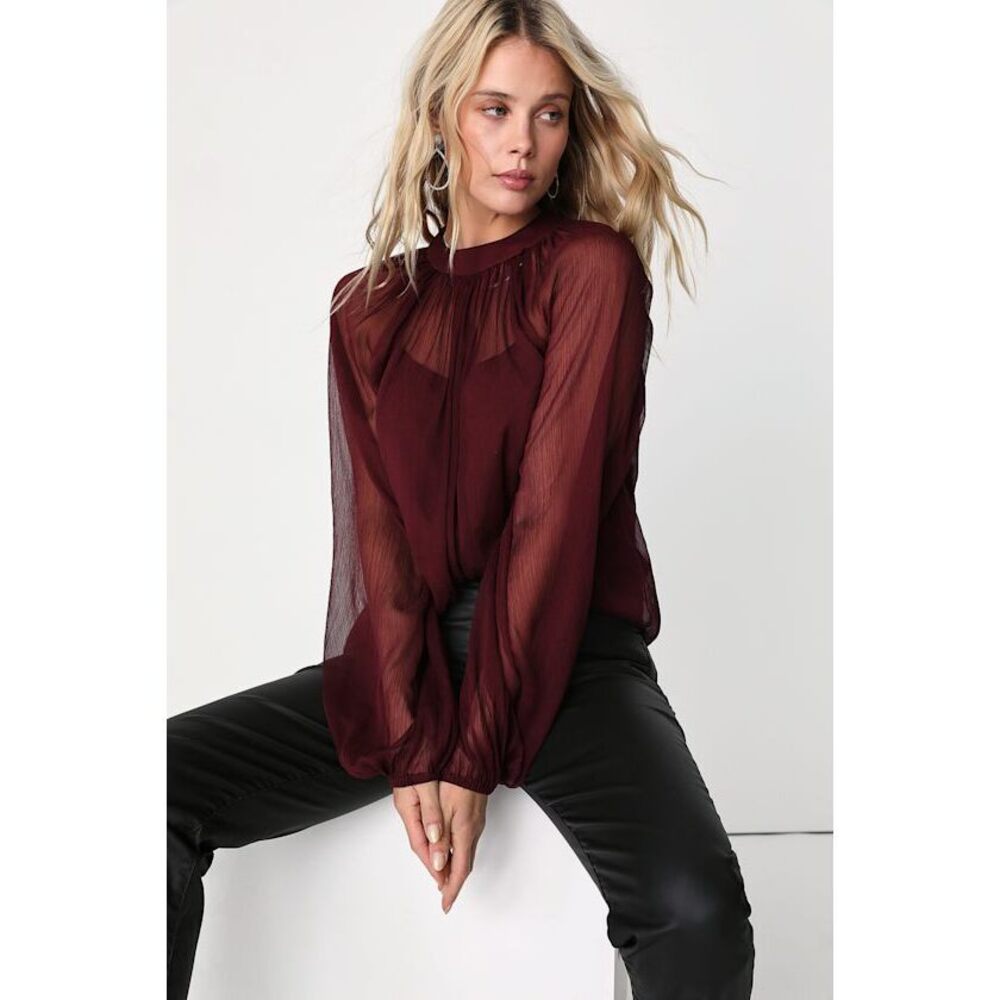Lulus Angelically Airy Burgundy Balloon Sleeve Top Red - Size M